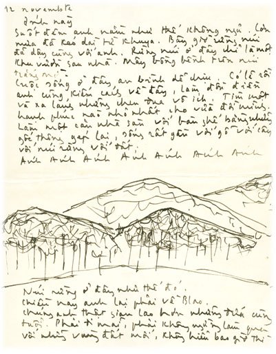 Thủ bút Trịnh Công Sơn với  minh họa đồi núi Blao 1964-1965 gửi Dao Ánh