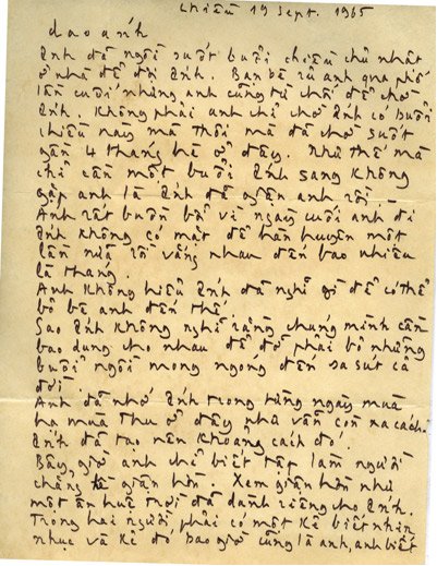 Thủ bút Trịnh Công Sơn trong thư gửi Dao Ánh 19.9.1965